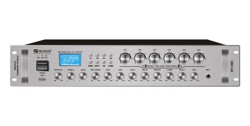 Фото Nusun M-1080  микшер-усилитель 80W, FM-тюнер, MP3, USB, 3 микр+2 AUX, 70/100В, 4-16 Ом. 6 регулир. зон