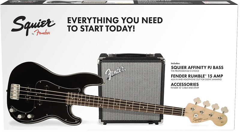 Фото Squier Affinity Series™ Precision Bass® PJ Pack, Laurel Fingerboard, Black, Gig Bag, Rumble 15 - 230V EU